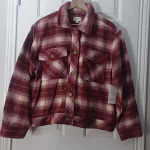 NEW Time And Tru Maroon Plaid Cropped Shacket Sz XL /